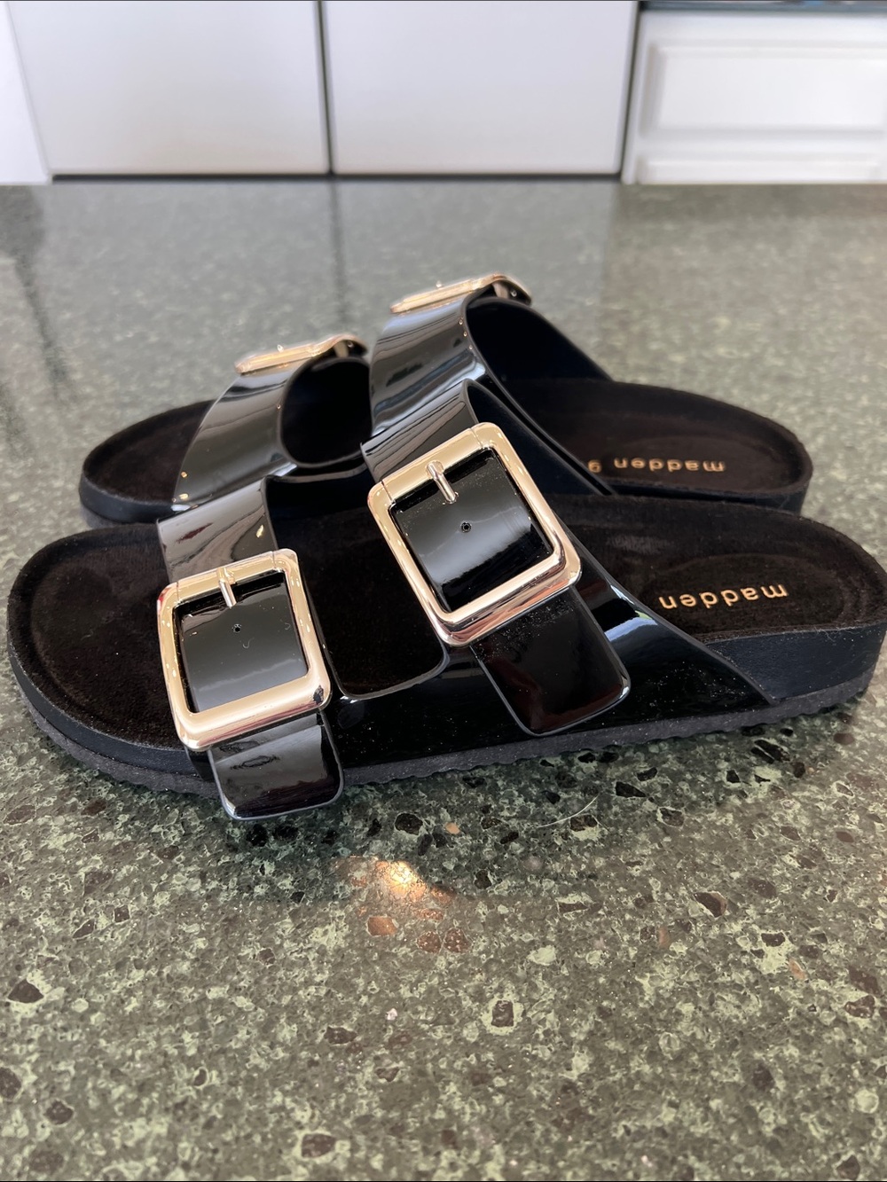 Madden Girl Black Patent Slide Sandals with Gold Buckles. Never worn. - Picture 2 of 4